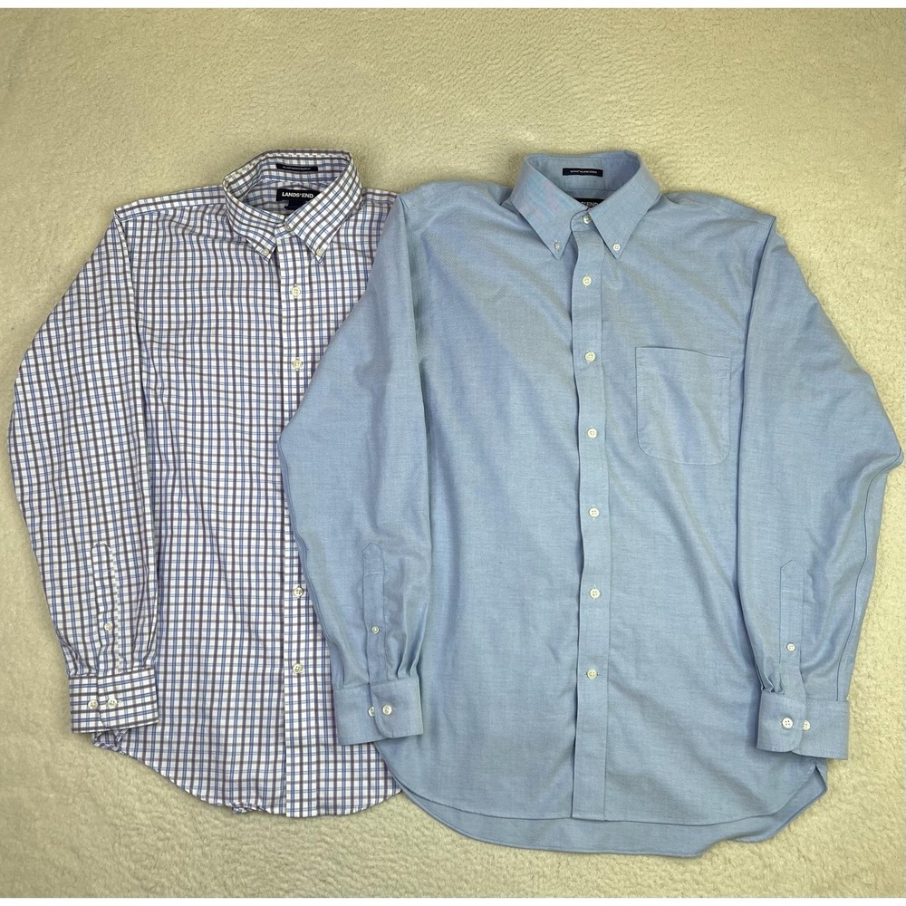 Lands' End Dress Shirts Lot Of 2 Mens 15 34/35 Blue Check Classic Non Iron LS
